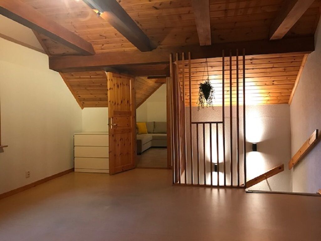 A room with wooden beams, a sliding door, a hanging plant, and a light fixture.