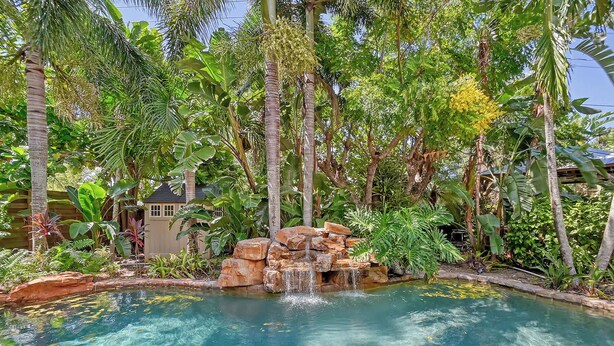 A clear pool with a waterfall feature surrounded by lush tropical vegetation.