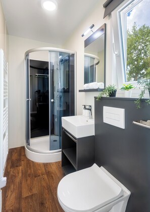 Regadera, secadora de cabello, toallas, papel de baño 