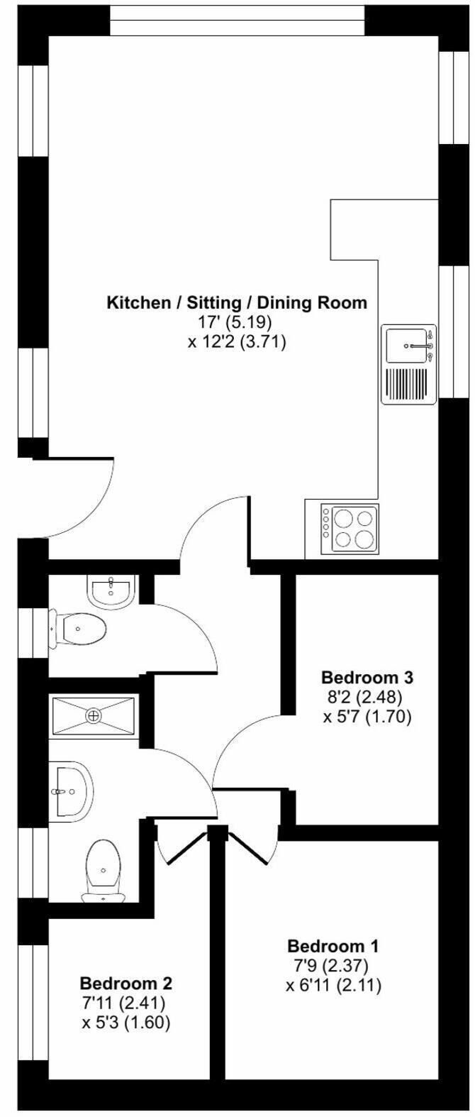 A floor plan with a kitchen, dining area, and three bedrooms.