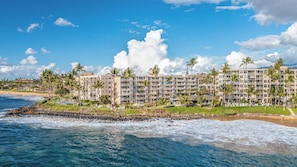 Un hotel frente a la playa con varios pisos, palmeras y un litoral rocoso.