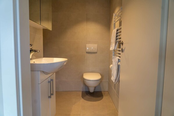 A small, modern bathroom with a white sink, a toilet, and a towel rack.