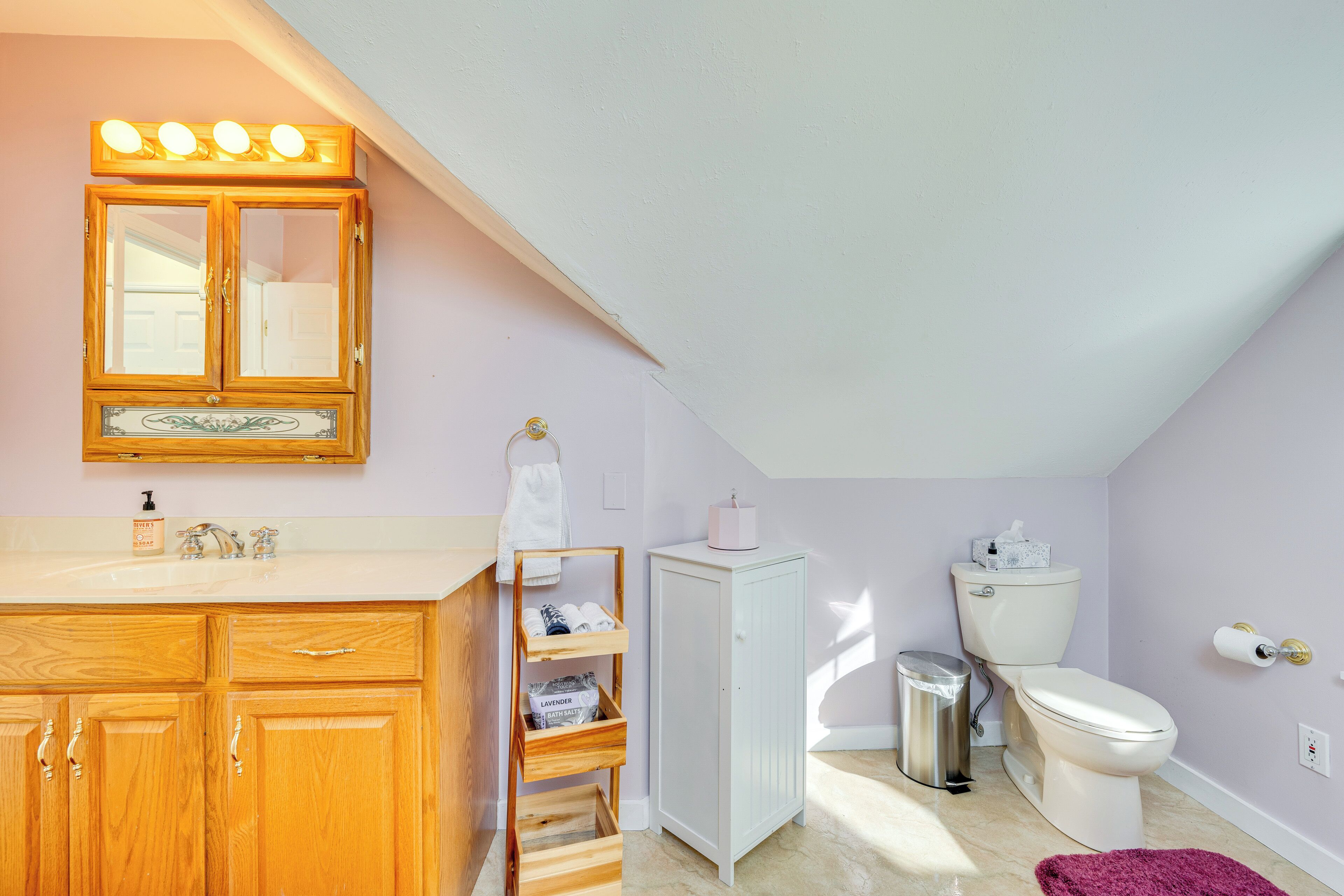 Une salle de bain avec un meuble-lavabo en bois, un miroir avec éclairage intégré, des toilettes et une poubelle.