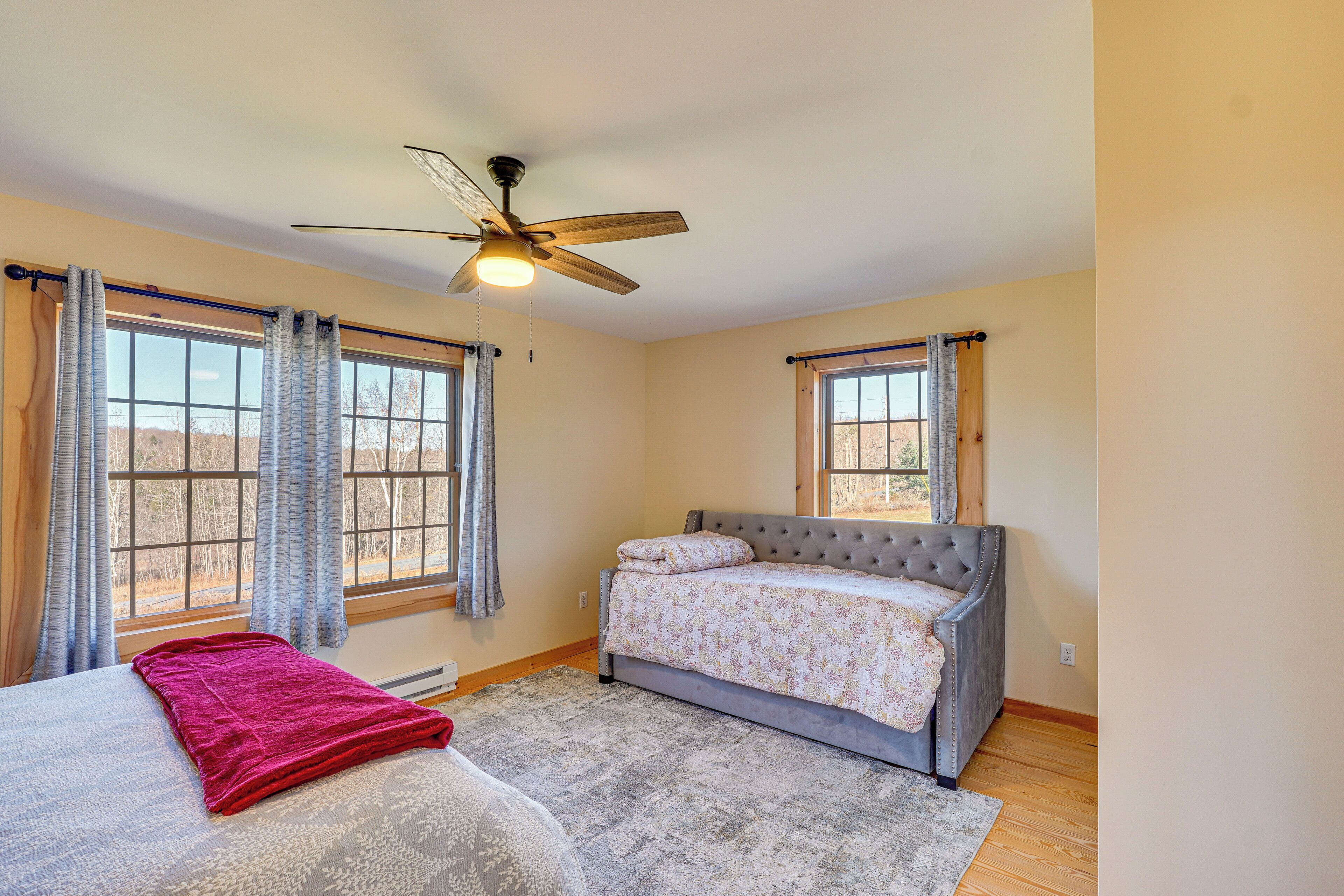 A bedroom with a bed, a ceiling fan, and two windows with curtains.