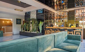 Zona de bar moderna con asientos, una exhibición de cactus y una variedad de botellas de licor.