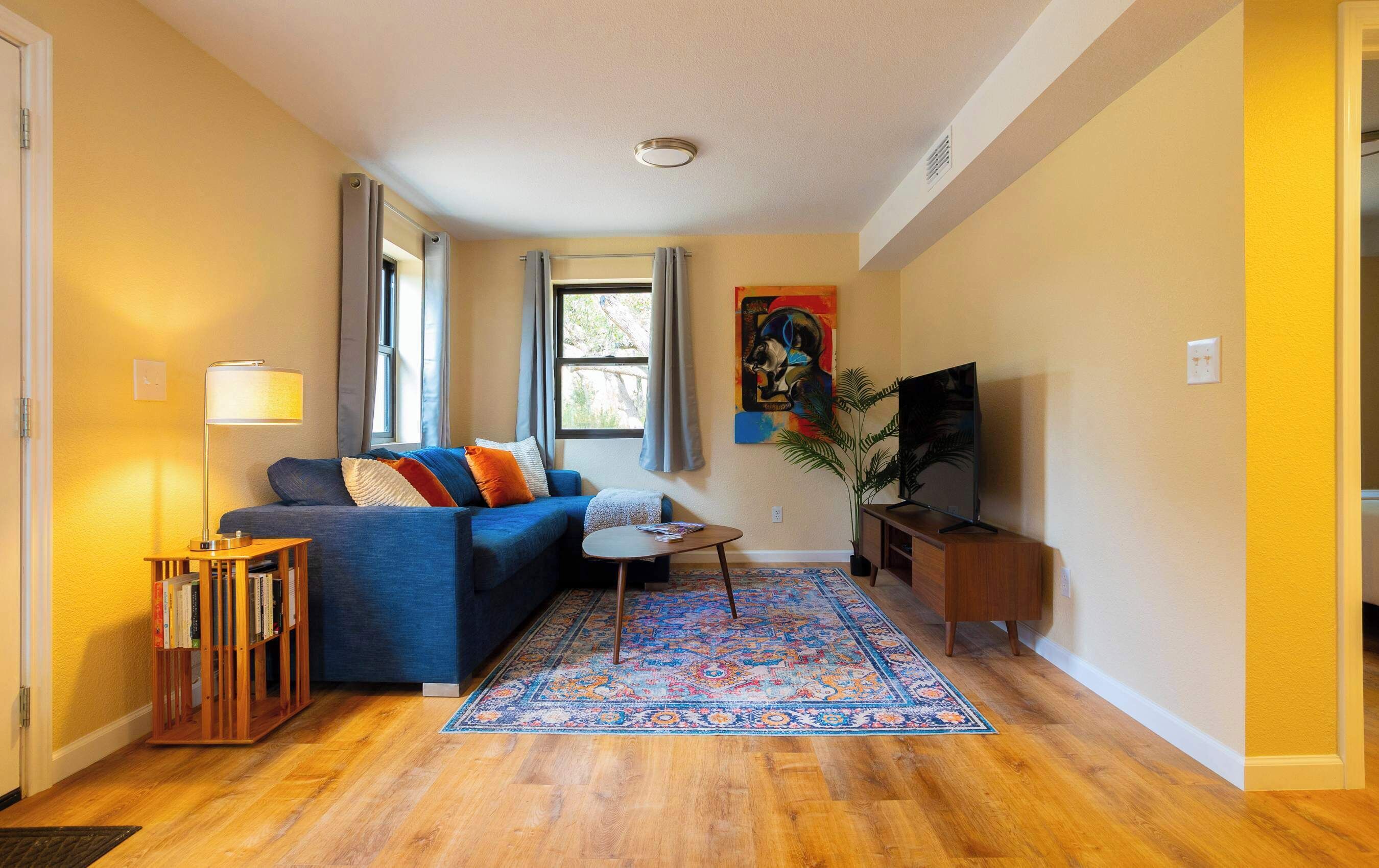 Télévision, cheminée, espaces bureaux