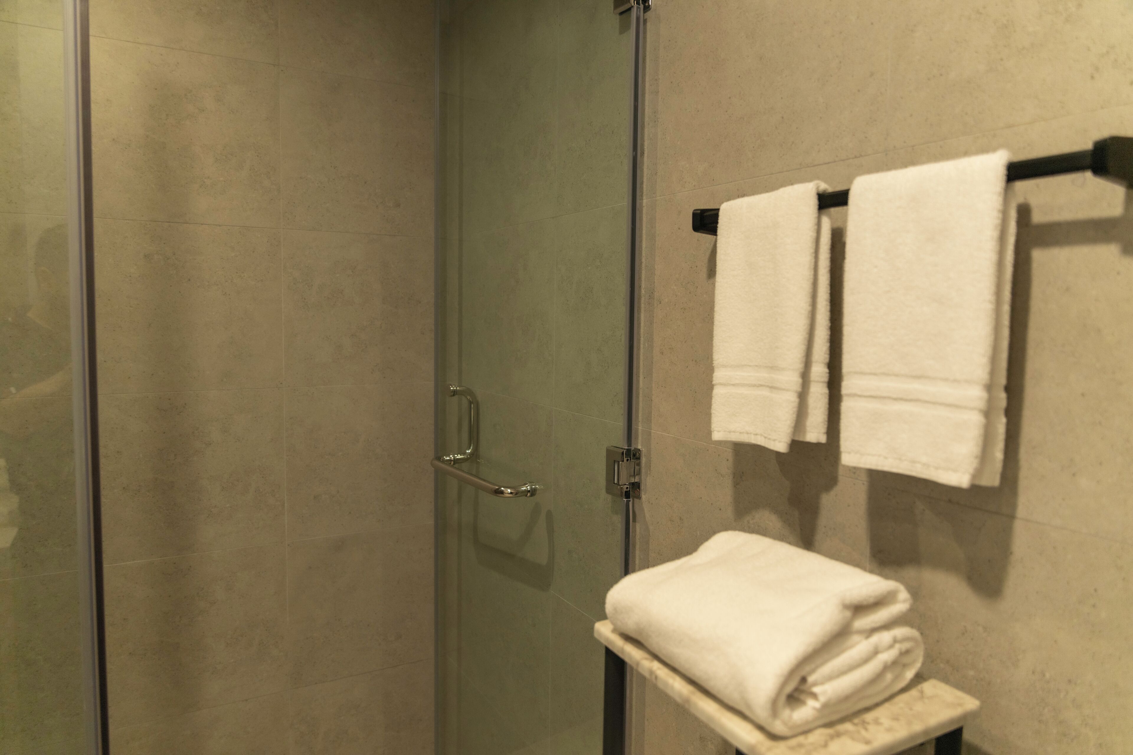 Une douche fermée par des parois en verre, avec un porte-serviettes sur lequel sont posées deux serviettes blanches.
