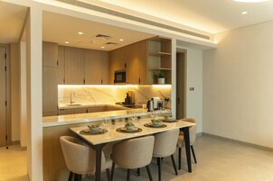 Apartment, 2 Bedrooms, Balcony, Sea View | Private kitchen | Full-size fridge, microwave, oven, stovetop