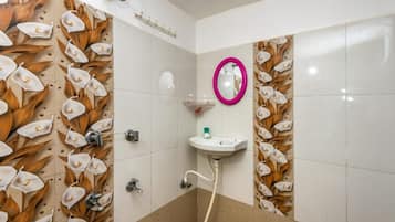 Shower, rainfall showerhead, towels, soap
