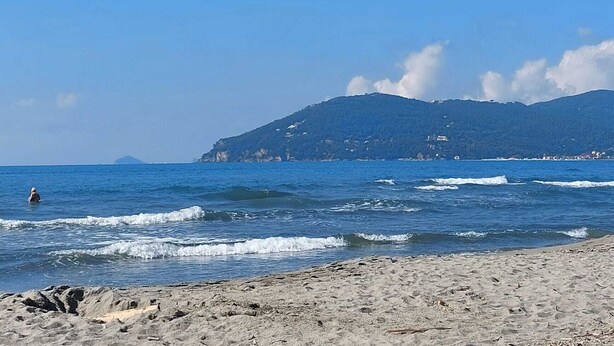 Ein Strand mit Wellen, einem klaren Himmel und einem Berg im Hintergrund.