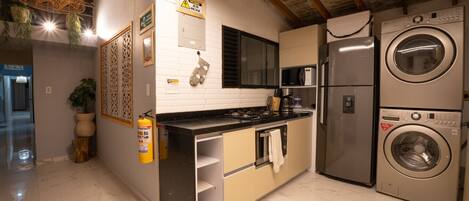 Fridge, microwave, coffee/tea maker, blender