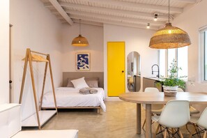 1 bedroom, desk, iron/ironing board, travel crib