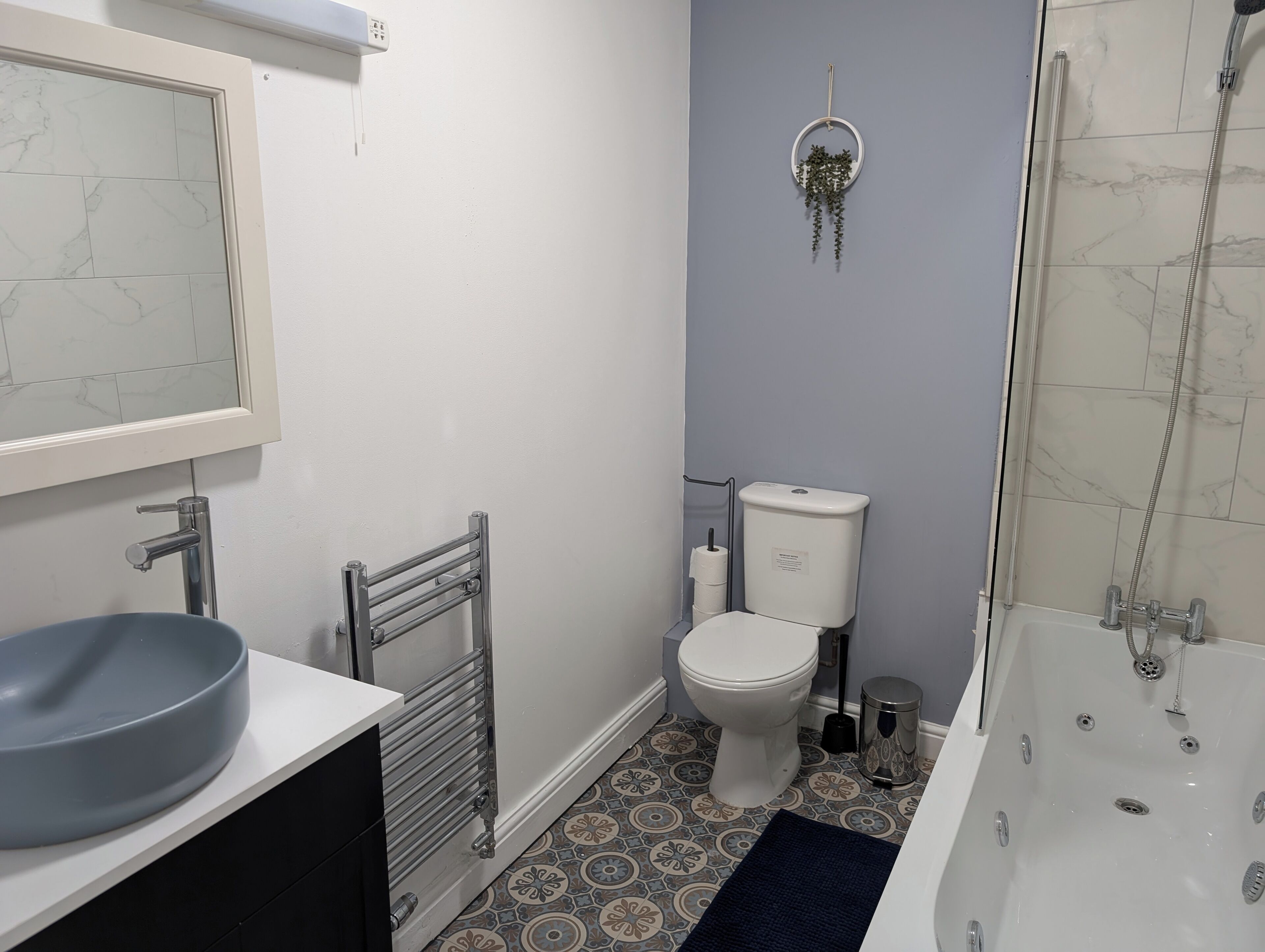 A bathroom with a white sink, a toilet, a shower, and a wall-mounted plant.