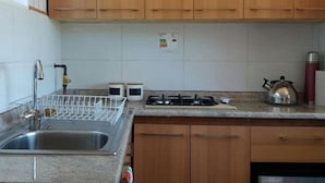A kitchen with wooden cabinets, a stainless steel sink, a kettle, and a gas stove. - Casa Pumahue  (Puerto Varas)