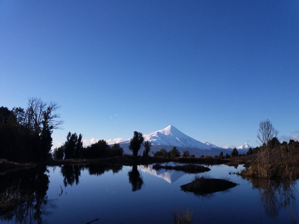 A snow-capped mountain reflected in a calm body of water, surrounded by trees and vegetation.