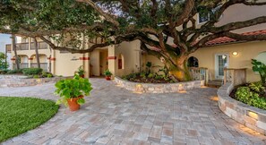 Une cour avec un grand arbre, des plantes en pot et un chemin de briques menant à un bâtiment portant le numéro « 201 ».