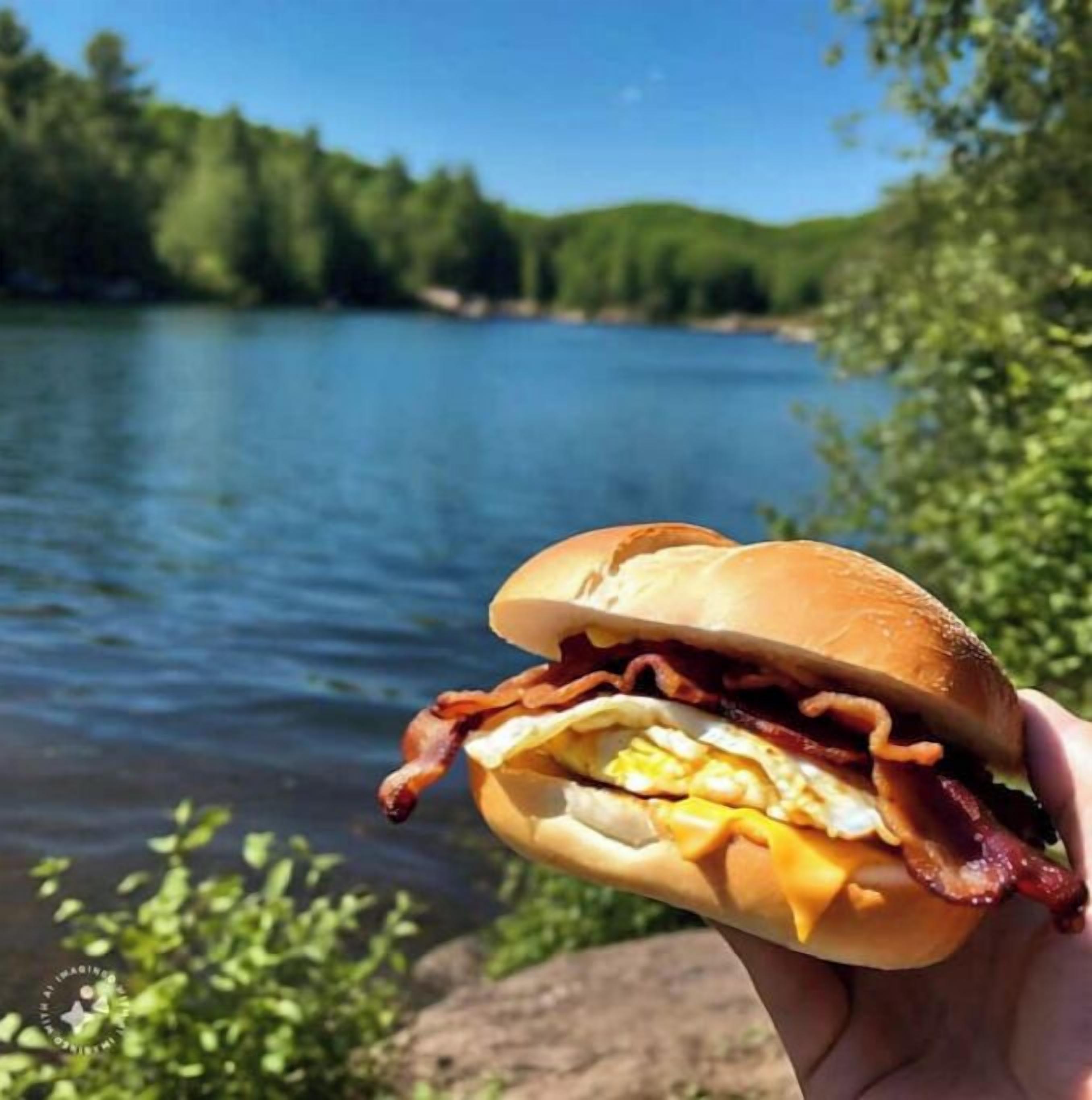 Une main tenant un hamburger garni de bacon et de fromage, avec un lac et de la verdure en arrière-plan.