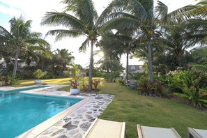A swimming pool with a stone border, surrounded by palm trees and a grassy area with lounge chairs.