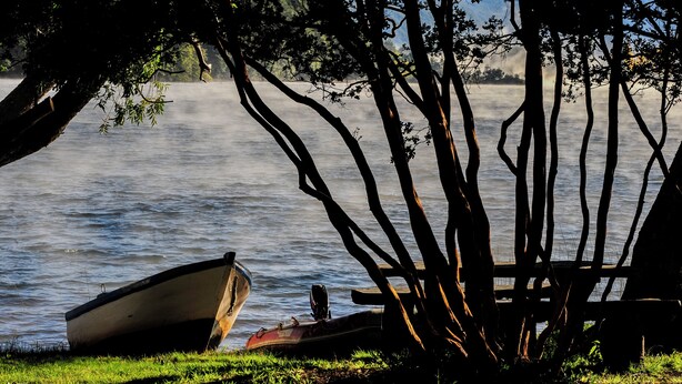 A boat docked near a tree-lined lakeside. - Parque Lonconao (Futaleufú)