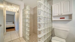 Hair dryer, towels, soap, toilet paper
