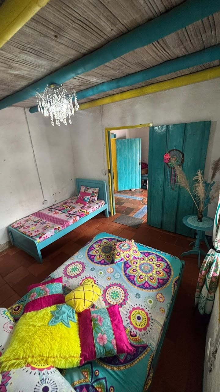 A room with two beds, a chandelier, a dreamcatcher, and a small table with a plant.