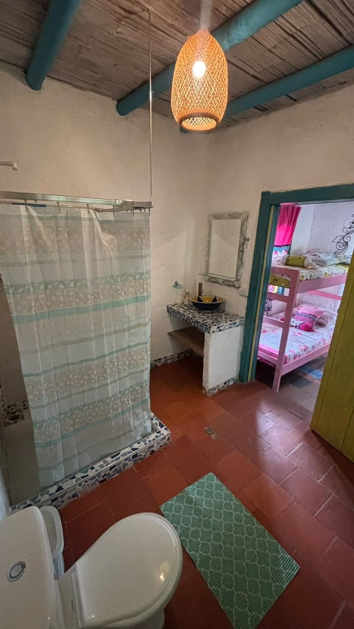 A bathroom with a shower, toilet, and a small sink. There is a bed with a pink bedspread and a green mat in the adjacent room.