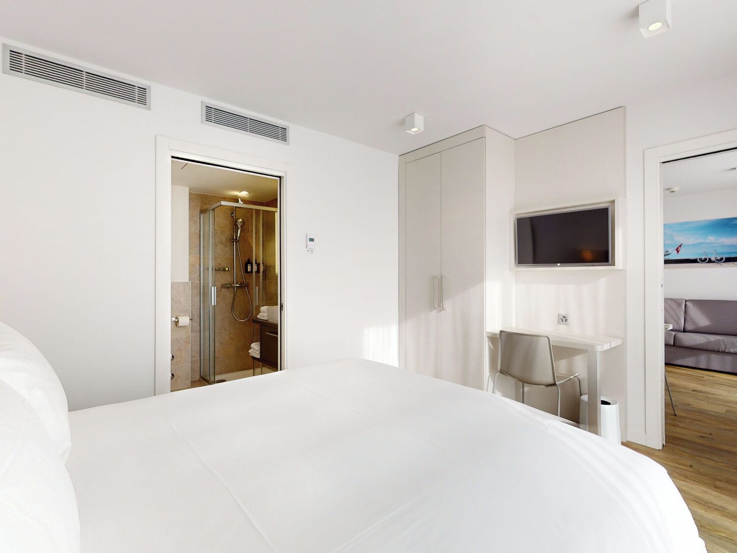 Camera d'albergo con un letto grande, zona doccia, una scrivania piccola e televisore a parete.