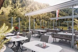 An outdoor patio with tables and chairs, overlooking a forested hillside. - Berghotel & Restaurant Bodenalpe (Ischgl)