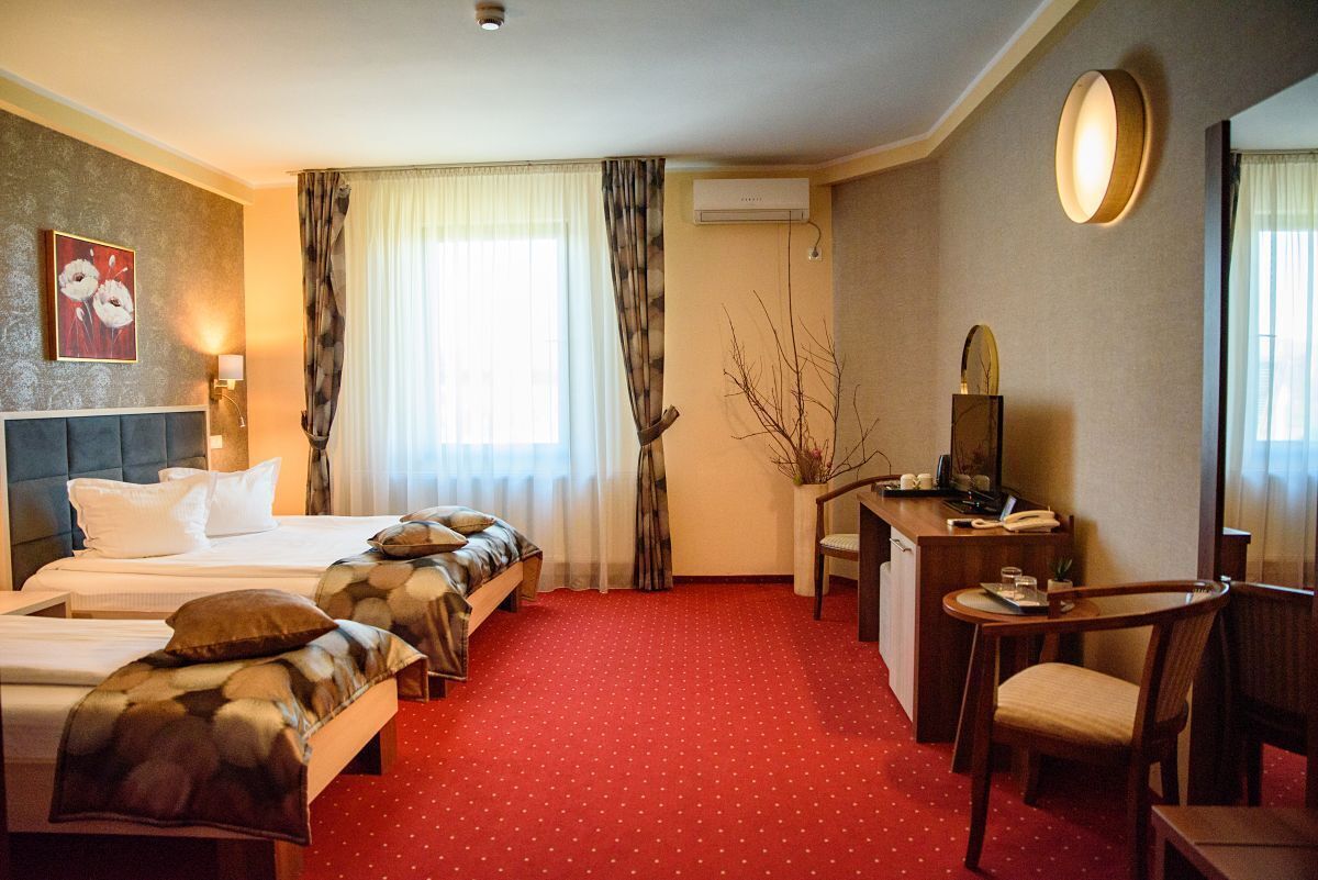 A hotel room with two beds, a desk, a chair, a mirror, and a red carpet.