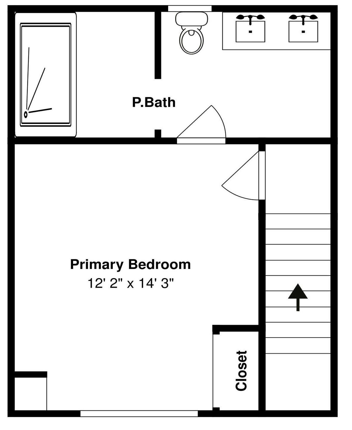 A primary bedroom measuring 12' 2" x 14' 3" with a closet and a P.Bath.