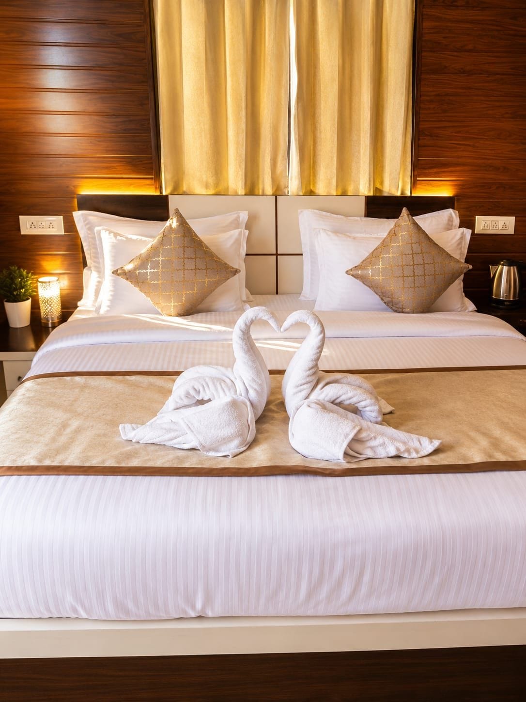 A hotel room with a large bed, two pillows, a bedside table with a lamp, and a wall socket.
