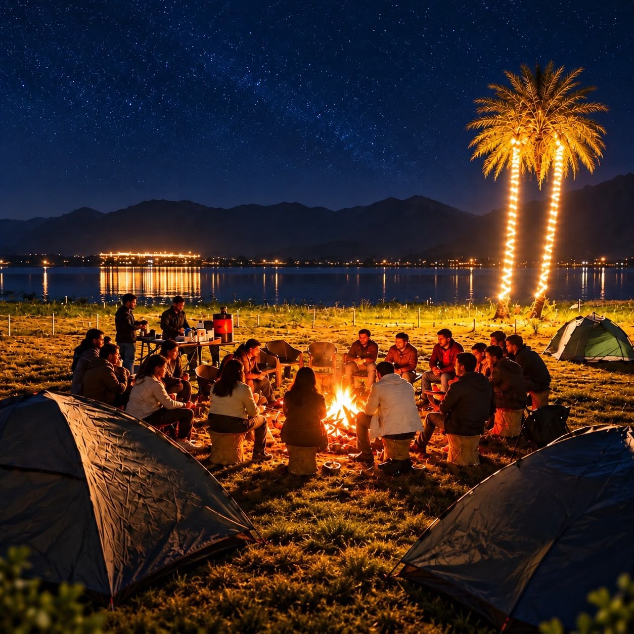 A group of people gathered around a campfire at night with tents and a palm tree in the background.
