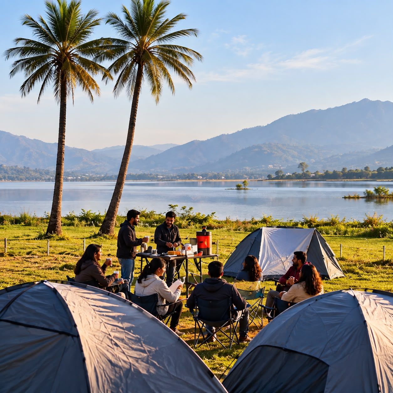 Eine Gruppe von Menschen versammelt sich an einem Tisch mit Blick auf einen See und Berge im Hintergrund.