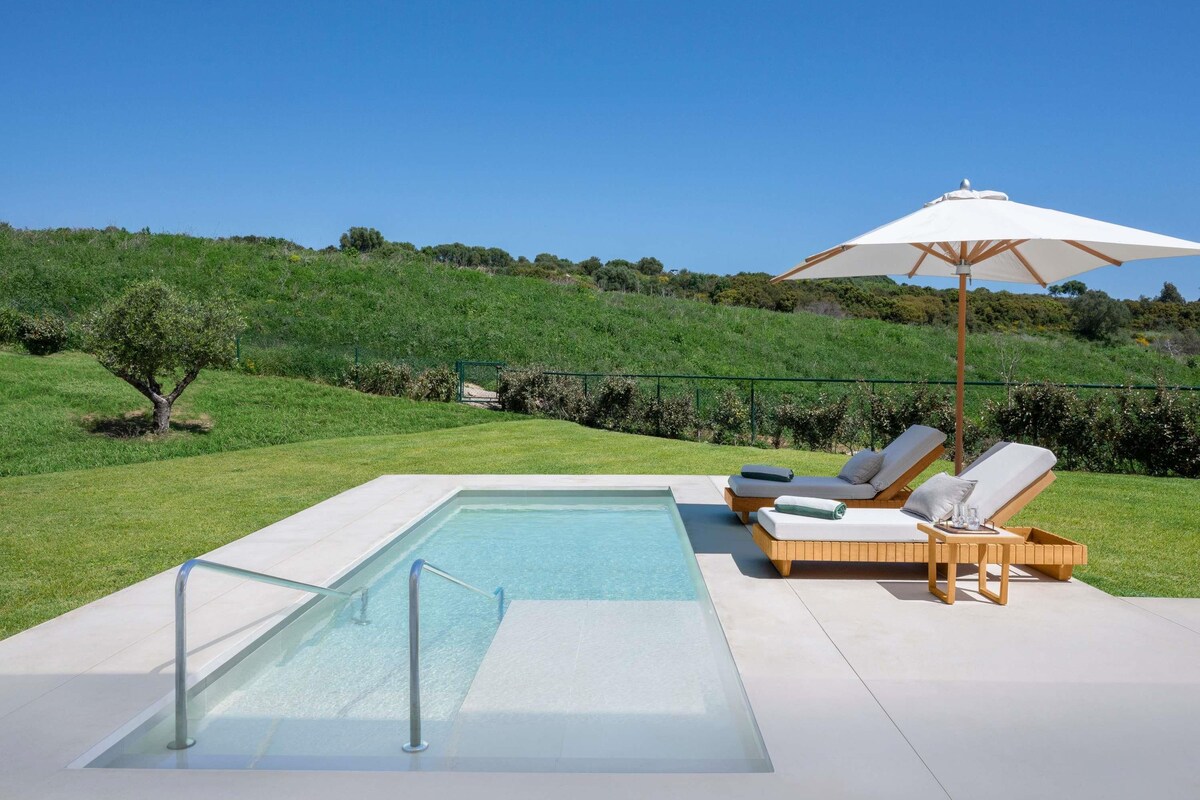 Une piscine entourée de chaises longues et d’un parasol, avec une pelouse et une colline en arrière-plan.