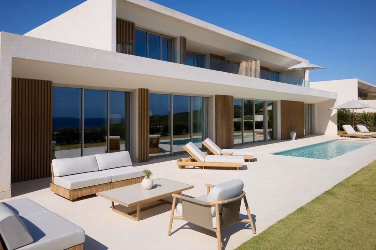 A modern two-story house with a pool, outdoor seating, and large windows.