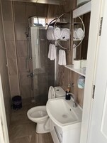 Shower, hair dryer, slippers, towels