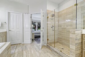 Shower, hair dryer, towels