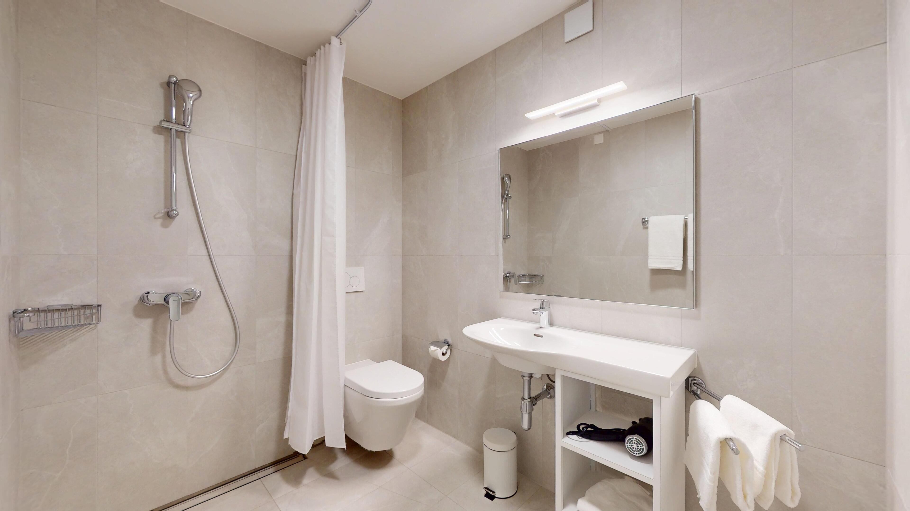 A modern bathroom with a shower, toilet, sink, and a mirror.