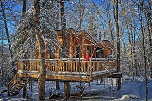 Une cabane en bois dotée d’une terrasse, entourée d’arbres couverts de neige.