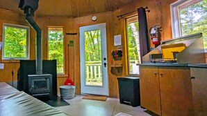 A cabin with a wood stove, a sink, and a window overlooking a forest.