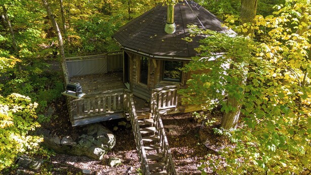 A wooden cabin with a porch and a chimney, surrounded by dense forest.