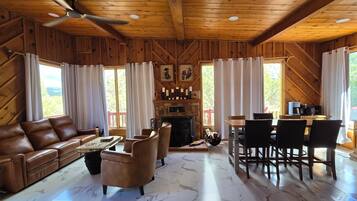 TV, fireplace, books