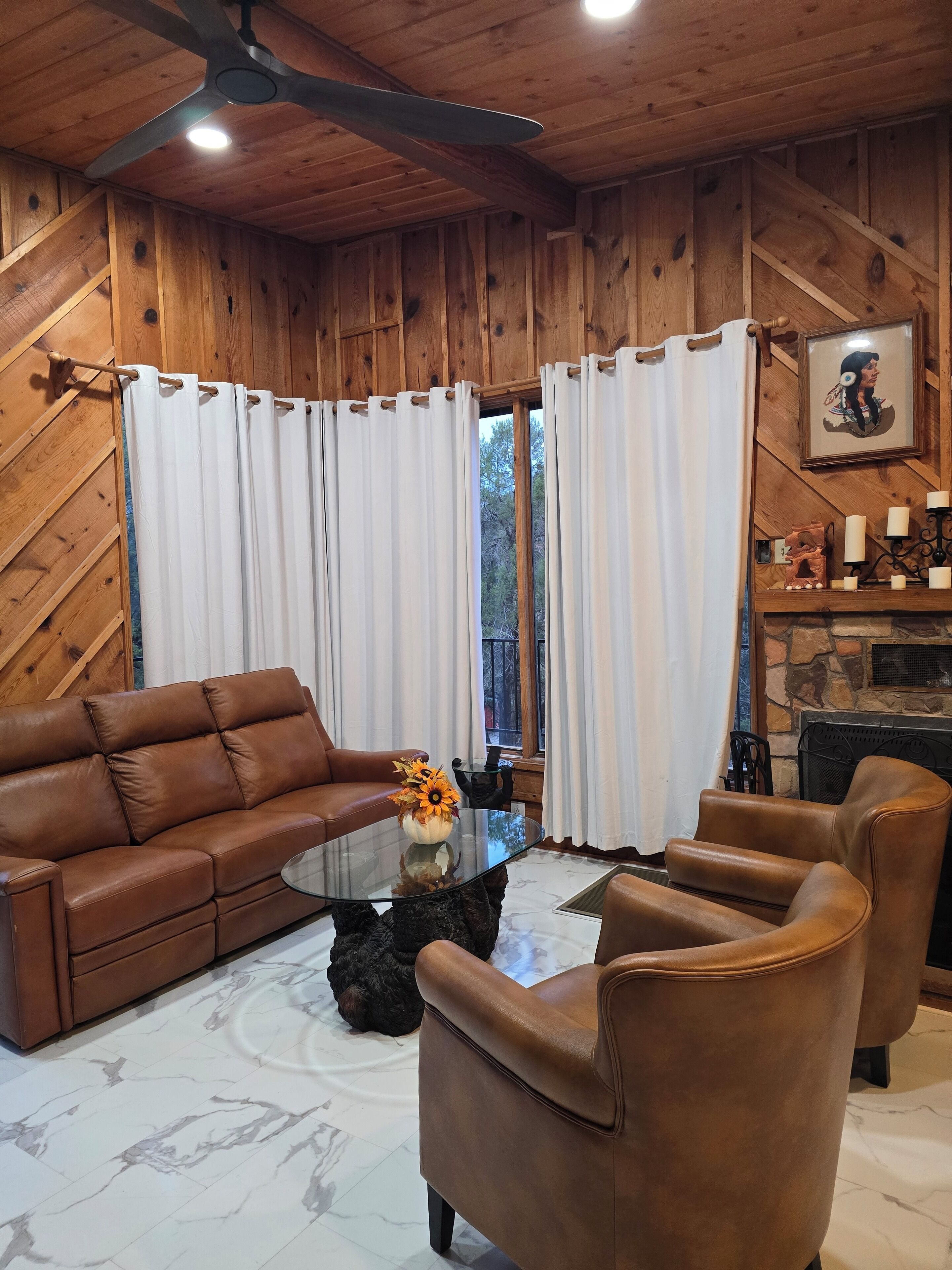 Smart TV, fireplace, books