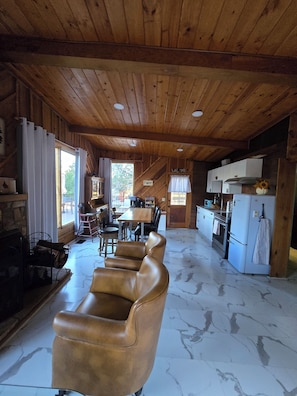 Un intérieur en bois comprenant un canapé, une table à manger, des chaises, un coin cuisine et une cheminée.