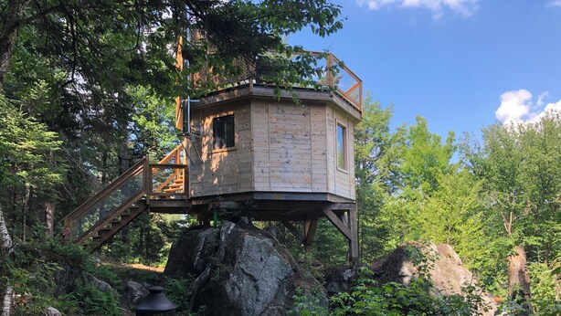 Una casa en el árbol de madera con terraza y escaleras, rodeada de un bosque denso y una mesa de picnic con bancos.