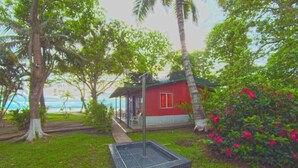 A small red building with a covered porch, surrounded by lush greenery and a palm tree.