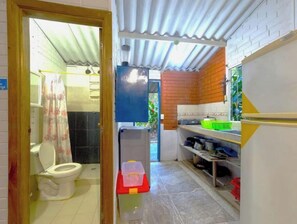 Hair dryer, towels, soap, toilet paper
