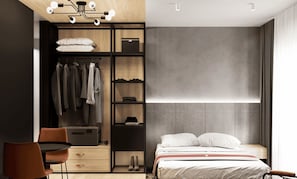 1 bedroom, laptop workspace, blackout drapes, iron/ironing board