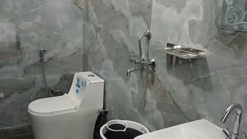 Shower, towels, soap, toilet paper