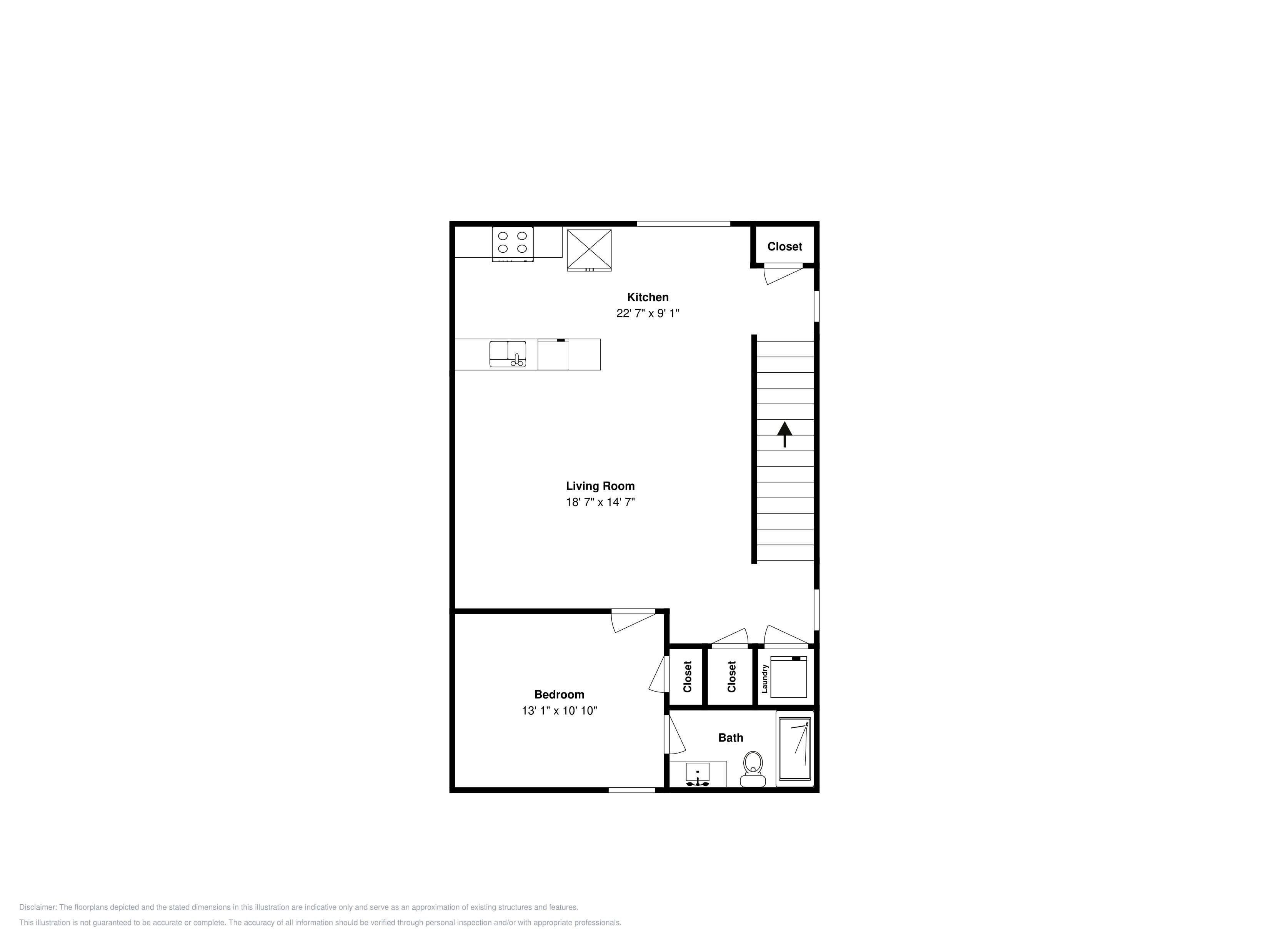 A floor plan with a kitchen, living room, bedroom, and bathroom.